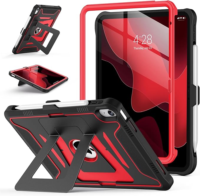 Soke Case for iPad (A16) 11th Generation 11-Inch 2025 /10th Generation 10.9-Inch 2022 with Screen Protector and Multi-Angle Kickstand Rugged Full Body Heavy Duty Protective Cover - Black Red