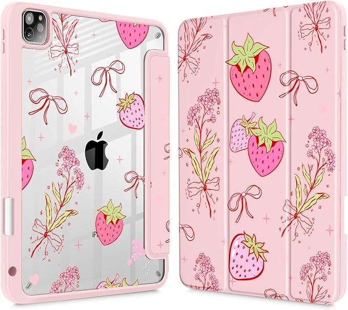 May Chen for iPad Pro 11 inch M2 4th Generation 2022 iPad Pro 11 3rd/2nd/1st Gen Case with Transparent Shockproof Back Cover [Built-in Pencil Holder Auto Sleep/Wake Strawberry Bow