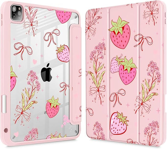 May Chen for iPad Pro 11 inch M2 4th Generation 2022 iPad Pro 11 3rd/2nd/1st Gen Case with Transparent Shockproof Back Cover [Built-in Pencil Holder Auto Sleep/Wake Strawberry Bow