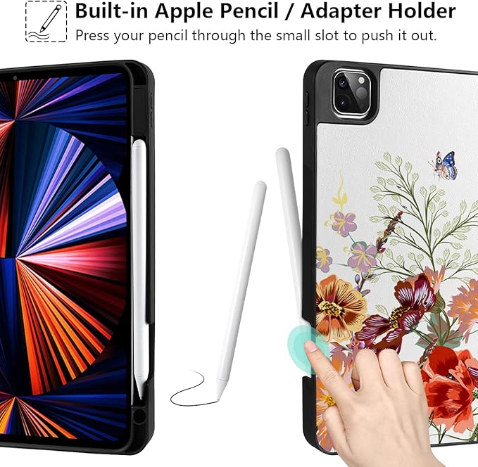 DONGKE Case for iPad Pro 11 inch (4th 3rd 2nd &amp 1st Gen) 2022 2021 2020 2018 Trifold Stand + Pencil Holder + Auto Wake/Sleep + Soft TPU Protective Stand Back Cover Floral