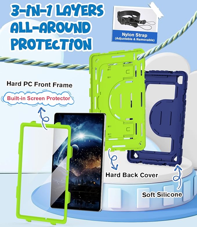 OKP Case for Samsung Galaxy Tab A9+ Plus 11 Inch 2023/ A11 Plus 2025 Shockproof Rugged 11 Galaxy A9+/ A11+ Tablet Cover with Built-in Screen Protector Shoulder Strap Kickstand Navy Blue+Green