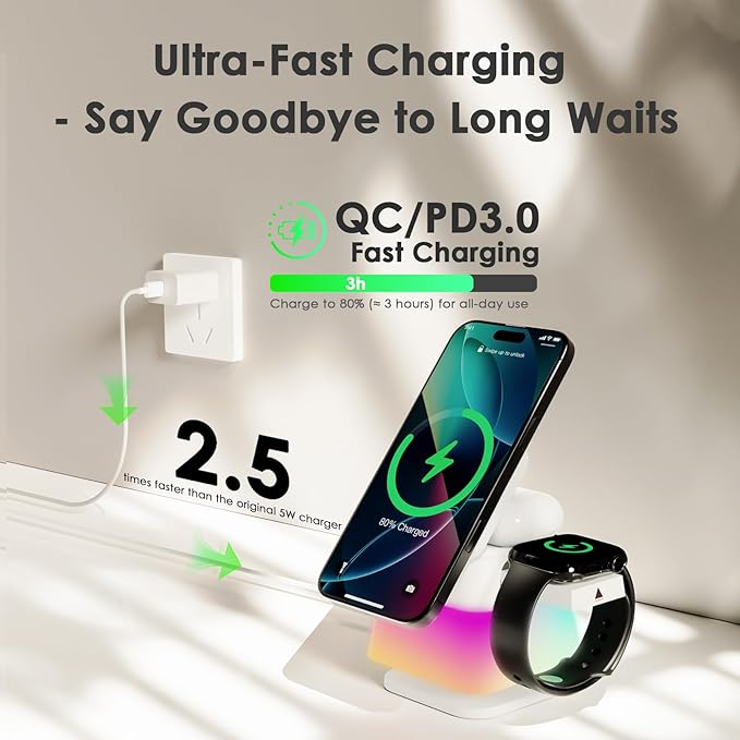 Minthouz 3 in 1 Charging Station for iPhone Wireless Charger for Apple MagSafe Charger with Night Light 360° Rotation Compatible with iPhone 16 15 14 13 12 Pro Apple Watch &amp AirPods Pro 4