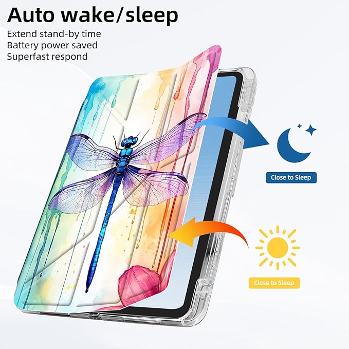for iPad mini 7 A17 Pro 2024/iPad Mini 6 2021 Case with Pencil HolderFoldable Y-Shaped CoverStylish Clear Multi-Angle Viewing&ampAuto Sleep/Wake Rainbow Dragonfly Art Tablet Case