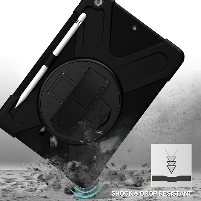ProCase Rugged Case for iPad 9th/ 8th/ 7th Generation 10.2 (2021/2020/2019) Heavy Duty Shockproof Protective Cover with Strap for iPad 9/8/7 -Black