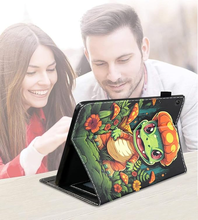 Case for Amazon Kindle Fire 7 Tablet (7 9th/7th Generation 2019/2017 Release) Slim PU Leather Cover with Card Slot &amp Auto Wake/Sleep Cute Little Dinosaur and Mushroom
