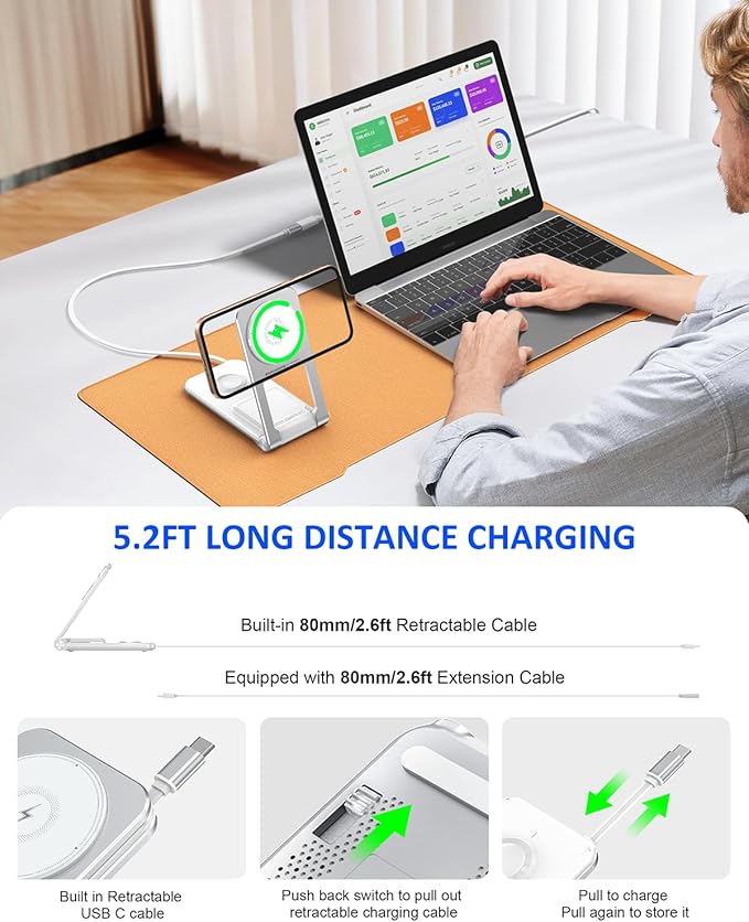 3 in 1 Magnetic Wireless ChargerFoldable Charging Station Built-in Retractable Cable15W Portable Wireless Charging Stand for iPhone 16 15 14 13 12Apple WatchAirPods (20W Adapter) (White)