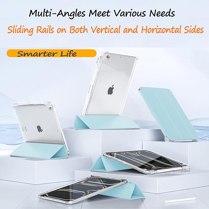 Slim Case for iPad 9th/8th/7th Generation 2021/2020/2019 (10.2 inch) Leather Case with Pencil Holder Slide Detachable Magnetic Trifold Stand Shockproof Protective Cute Clear Back Cover (Light Blue)