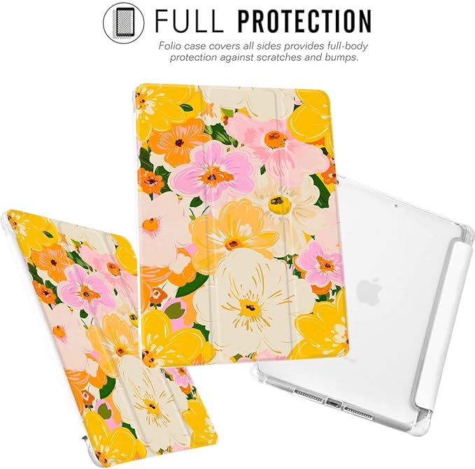 JOYLAND Colorful Flowers Floral Pad Case Cover for 11 Inch iPad Pro 2018/2020/2021 White Case with Pencil Holder Smart Trifold Stand Cover Soft TPU Cover for iPad Pro 11 (2018/2020/2021)