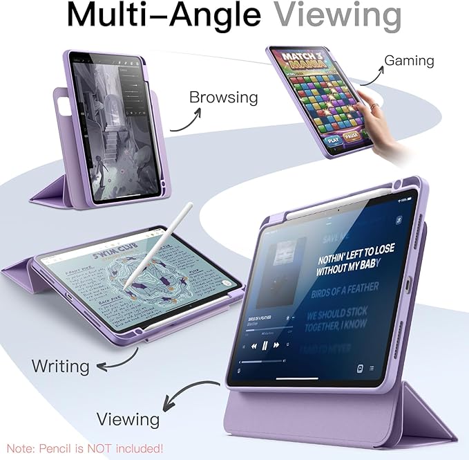 JETech Magnetic Detachable Case for iPad Pro 11-Inch M5/M4 (2025/2024) with Pencil Holder Removable Rotating Clear Cover Portrait/Landscape Stand with Raised Screen View (Lavender)