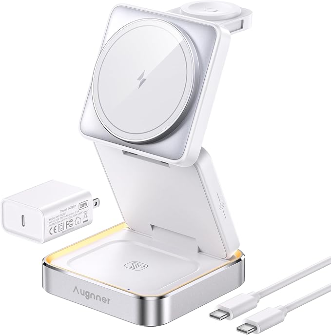 【2026 Upgraded】Wireless Charger 3 in 1 Foldable Wireless Charging Station with Light for Apple MagSafe Charger Travel Magnetic Charger for iPhone 17/16/15/14/13/12 Apple Watch AirPods (20W Adapter)