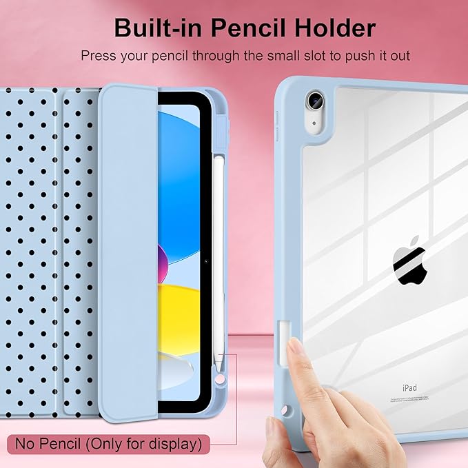 Case for iPad A16 11th Generation 11 inch 2025 iPad 10th Generation 10.9 inch 2022 -[Built-in Pencil Holder] Shockproof Clear Hard Back Trifold Stand Auto Wake/Sleep Blue Polka dot