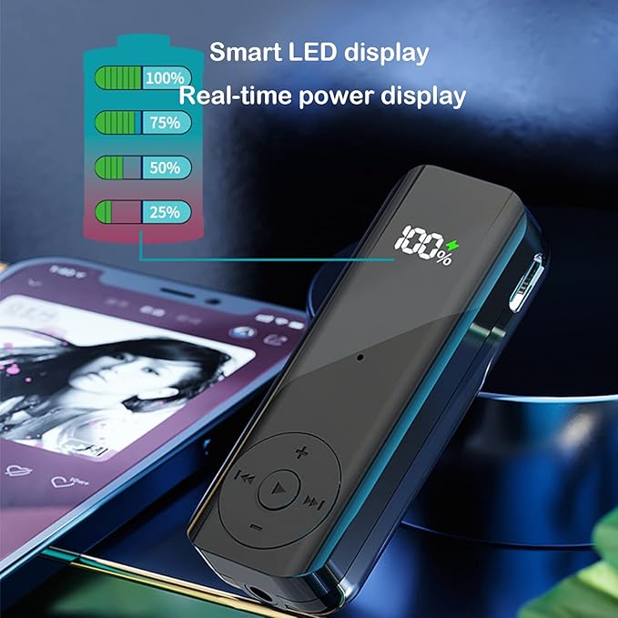 Bluetooth 5.2 Adaptor for Wireless Headphones 60H Battery Life Bluetooth Receiver with LED Digital Display &amp Noise Cancelling Mic Wireless Audio Receiver for Speakers Car/Home Stereo