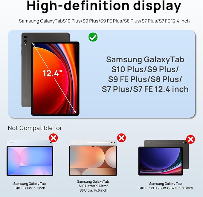 Gerutek Case for Samsung Galaxy Tab S10 Plus/S9 Plus/S9 FE Plus/S8 Plus/S7 Plus/S7 FE 12.4 inch Full-Body Drop Protective Case with Screen Protector Pencil Holder Rotating Hand Stand Strap Blue