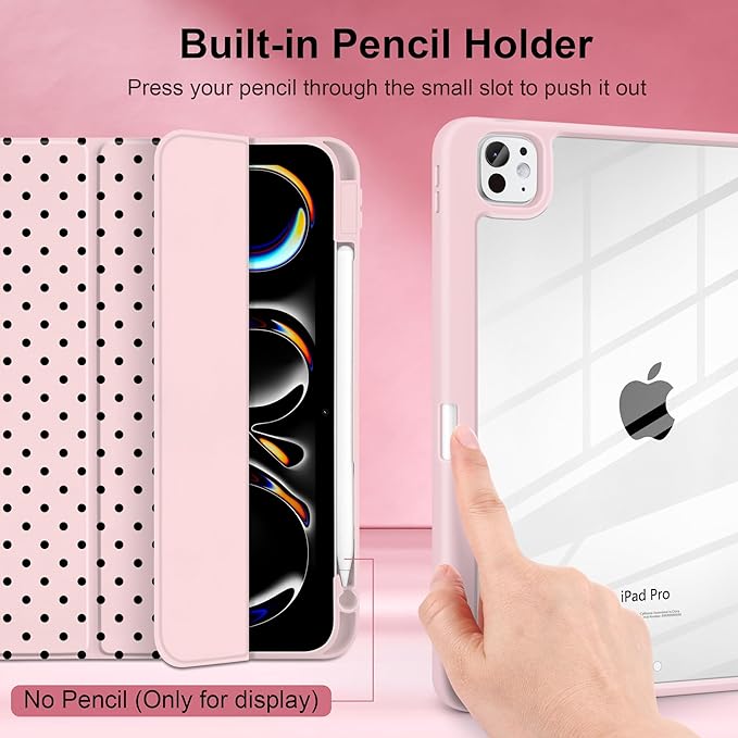 Case for iPad Pro 11 Inch (M5 2025 M4 2024) – [Built-in Pencil Holder] Shockproof &amp Stylish Clear Hard Back + Soft TPU Edge Magnetic Trifold Stand Auto Wake/Sleep Pink Polka dot