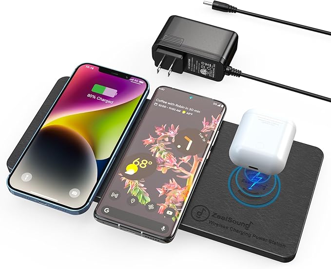 Wireless Charging Pad ZealSound Ultra-Slim Triple Charger Station for Multiple 3 Devices &amp New Airpods Ultra Slim PU Leather Wireless Charging Mat W/AC Adapter for Smartphone Phone (Black)
