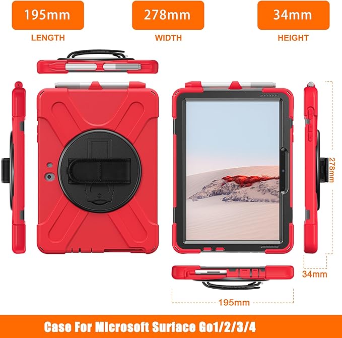 ZenRich Rugged Case for Surface Go 4 (2023)/Surface Go 3 (2021)/ Surface Go 2 (2020) Surface Go (2018) with Pen Holder Heavy Duty Shockproof Case with Stand Hand Strap and Shoulder Belt-Red