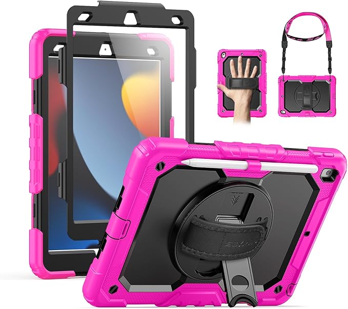 SEYMAC for iPad 9th/8th/7th Generation Case 10.2 2021-2019 Full-Body Shockproof Heavy Duty Protective Case with Screen Protector Rotating Stand/Handle/Shoulder Strap for iPad 10.2 Pink