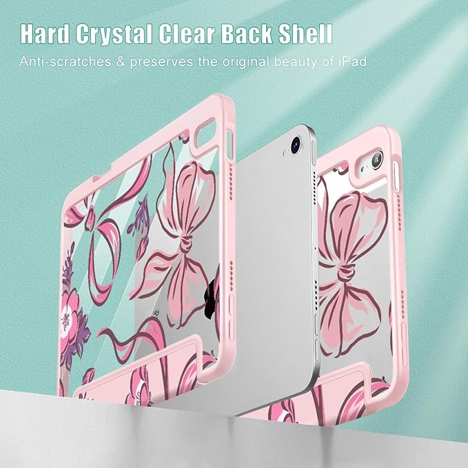 Mektron Printed Case for iPad mini 7 (A17 Pro) 2024/ Mini 6 2021 iPad mini 7th/6th Generation 8.3-inch Liquid Retina Display Cover Buit in Pencil Holder with Clear Back Shell Flowers-Bows-Pink