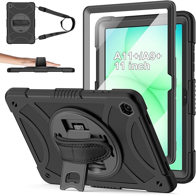for Samsung Galaxy Tab A11 Plus/A9 Plus case with Screen Protector/ 360° Rotating Stand/Shoulder Strap/Hand Strap Rugged Cover for Galaxy Tab A11+ Plus/A9+ Plus 11 inch 2025/2023 Released