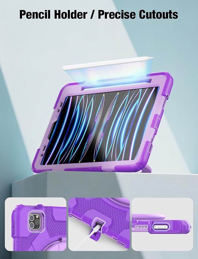 SCSVPN Kids Case for iPad Air 5th/4th Generation 10.9-inch 2022/2020 &amp iPad Pro 11'' 4th/3rd/2nd/1st Gen 2022 2021 2020 2018 Protection Case with Pencil Holder Stand Handle Shoulder Strap Purp