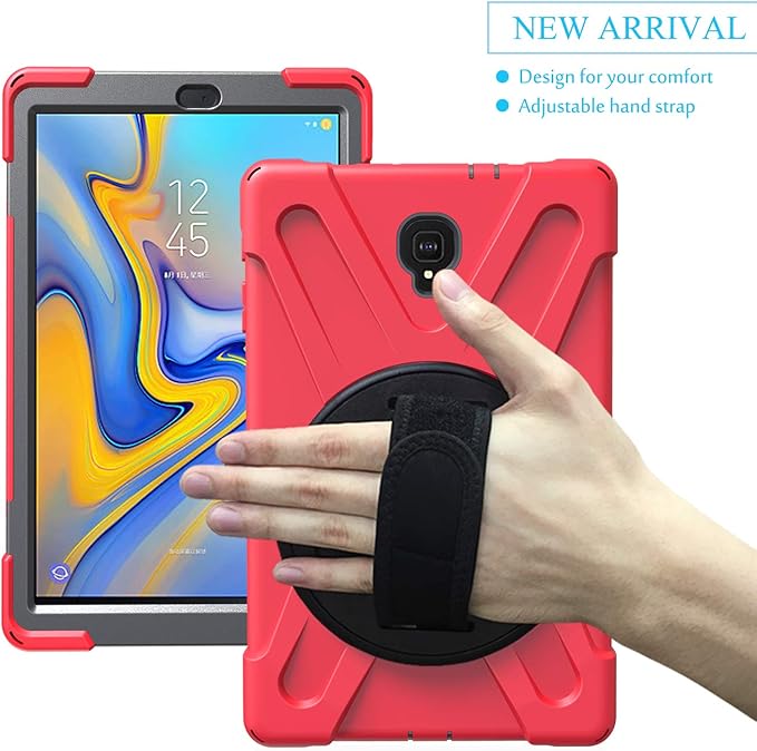 Rugged Case for Samsung Galaxy Tab A 10.5 2018 (SM-T590/T595/T597) Portable Hybrid Shock-Proof Cover with 360° Rotatable Hook&ampLoop HandleShoulder Strap (Red)