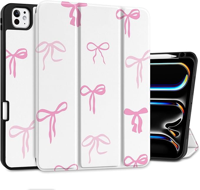 DONGKE Case for iPad Pro 13 inch (M5 2025 / M4 2024) – [Built-in Pencil Holder] Ultra Slim PU Leather Trifold Stand Cover with Soft TPU Back Auto Wake/Sleep - Pink Bows