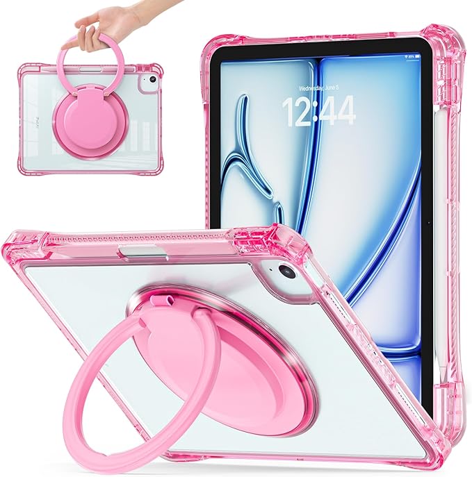 Shockproof Case for iPad Air 11'' (M4 2026/M3 2025/M2 2024)/ iPad Air 10.9'' Air 5th /4th Gen PC Clear Tablet Cases with Rotating Stand for Kids Rose