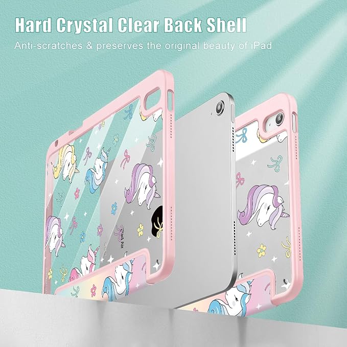 Case for iPad Air 11'' (M4 2026/M3 2025/M2 2024)/ iPad Air 10.9'' Air 5th /4th Gen Shockproof Cover with Clear Back Shell &amp Penceil Holder Auto Wake/Sleep Stand Cover Rainbow Unicorn