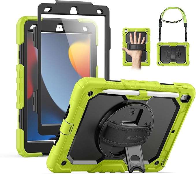 SEYMAC Case for iPad 9th/8th/7th Generation 10.2 inch 2021-2019 Heavy Duty Protective Shockproof Case with Screen Protector Rotating Stand/Handle/Shoulder Strap for iPad 10.2 Green
