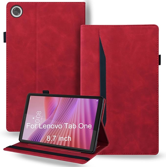 Shockproof Case for Lenovo Tab One 8.7 inch 2025 Model - Retro PU Leather + TPU Hybrid Protective Cover with Anti-Slip Grip Strap &amp Card Slots -Red