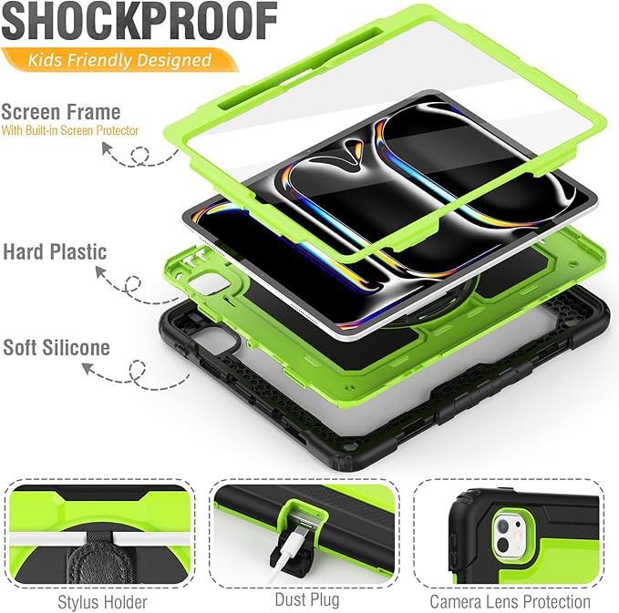HXCASEAC for iPad Pro 13 Inch Case (M5/M4) 2025/2024 Shockproof Design with Pencil Holder Protector Rotating Stand Hand Strap Heavy Duty Protective iPad Pro13 Cover A3360 A3361 A2925 A2926Green
