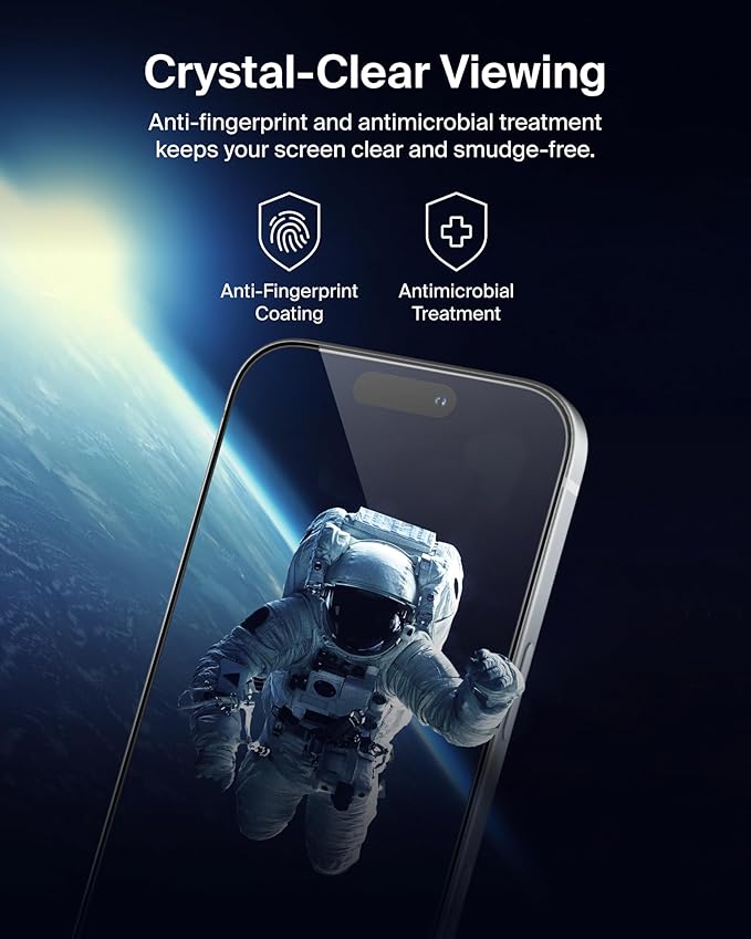 Belkin ScreenForce InvisiGlass Privacy Screen Protector for iPhone 17/16 Pro Scratch-Resistant Impact Protection w/Included Easy Align Tray for Bubble Free Application - Made with Recycled Glass