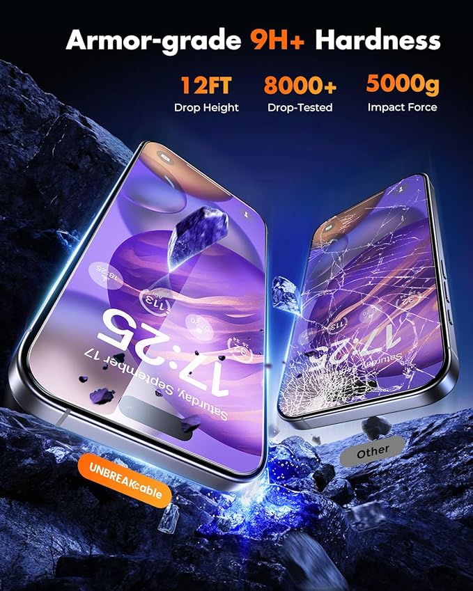 UNBREAKcable iPhone 16 Screen Protector [3-Pack] Tempered Glass with Auto-Align Tech for Easy Install 9H+ Hardness Anti-Fingerprint Ultra-Clear Full-Coverage Protection 6.1-Inch
