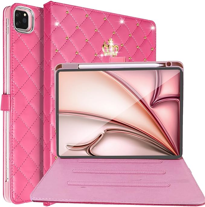 for iPad Air 11 Inch Case M4 2026/M3 2025/M2 2024iPad Air 5th/4th Gen 10.9 Inch (2022/2020) with Pencil HolderGirly Cute Crown Diamond Elegant Auto Sleep/Wake Stand Protective CaseHot Pink