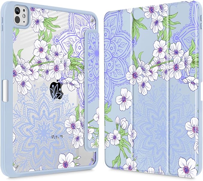 Mektron Case for M5/ M4 iPad Pro 11 inch 2025/2024 with Pencil Holder Compatible Models: A3357/A3358/A3359/A2836/A2837/A3006 Shockproof Cover Clear Shell Blossom Sakura-Blue
