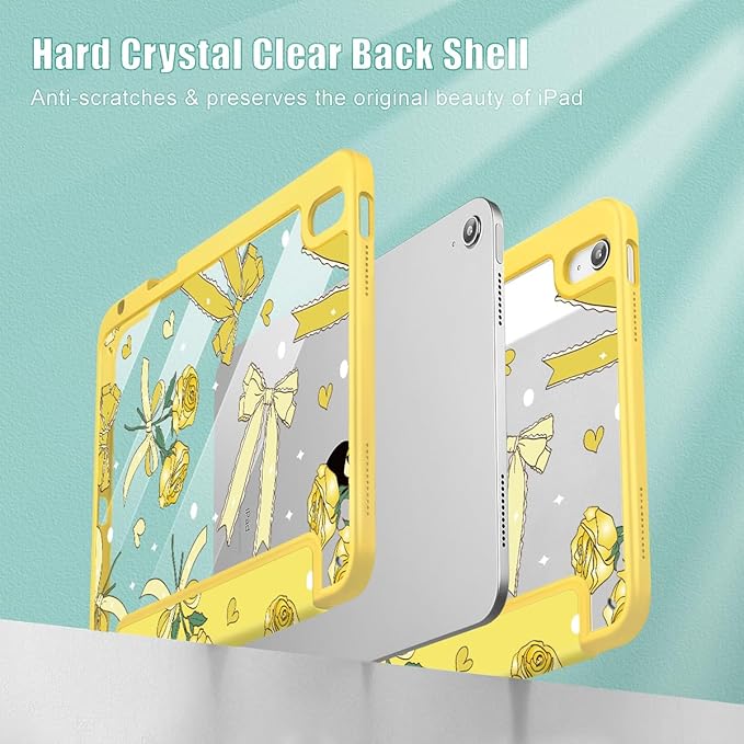 Tuiklol for iPad Pro 11 Inch Case M2 2022 Gen 4th -Built-in Pencil Holder Shockproof Cover Clear Transparent Back Shell Fit for iPad 11’’ 2021 2020 2018 Gen 3rd/2nd/1st for KidBow &amp Rose Yellow