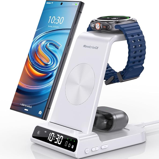 Wireless Charger Samsung Charging Station: 3 in 1 Android Charging Stand with Dimmable Clock - Nightstand Organizer for Galaxy S25 Ultra S24 Galaxy Watch 8 7 6 5 4 Galaxy Buds Space-Saving Charger