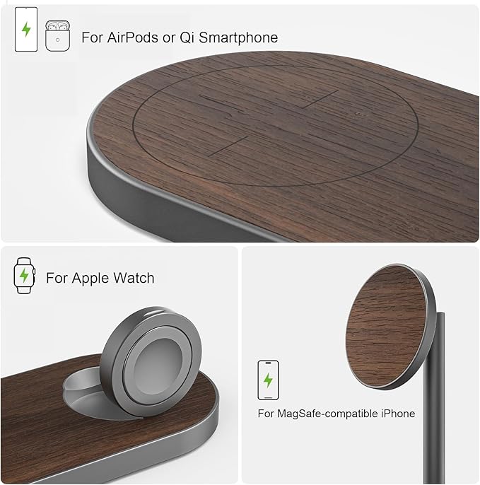 KU XIU X23 PRO Magnetic Wireless Charging Stand 3-in-1 Charging Station for iPhone 17/16/15/14/13/12 &amp iPhone Air 5W for Apple Watch S11–4/SE/Ultra 3/2/1 AirPods 4/3/2/Pro – Wood Grain