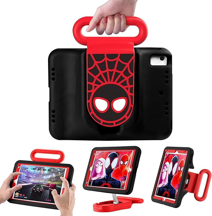 Kids Case for iPad 7th/8th/9th GeniPad 10.2 inch 2021/2020/2019 Case with Adjustable Portrait Landscape Stand HandleHeavy Duty Protective Kids Child Friendly Cover for iPad 10.2 inch. (Black-Red)