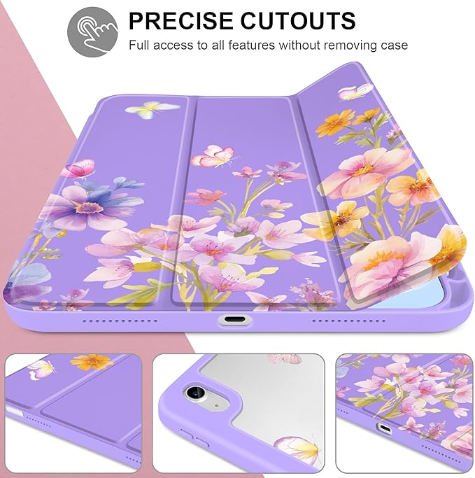 Case for iPad (A16) 11th Generation 11 inch 2025 /iPad 10th Gen 10.9 2022- Cute Patterns Violet Cover with Clear Back Shell Auto Wake Sleep Trifold Stand &amp Pencil Holder Watercolor Flower