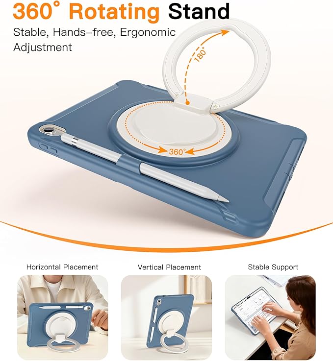 BATYUE Shockproof Case for iPad 10th Gen 10.9 2022 / 11th Gen (A16) 11 2025 | 360° Multi-Angle Stand (Portrait &amp Landscape) &amp Grip Built-in Screen Protector Pencil Holder Dusty Blue