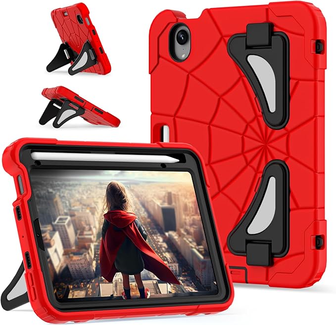 Kids Case for iPad mini 7 A17 Pro 2024/ Mini 6 8.3 inch Spider Case for iPad mini 7th 6th Generation Shockproof Durable Full Protective Cover with Pencil Holder Kickstand (Red+Black)