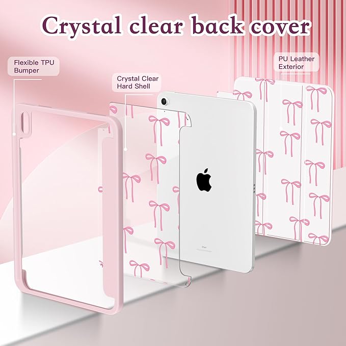 CISSOOK Compatible with iPad 11 Inch 2025 (A16) Case /10.9 inch iPad 10th 2022 with Apple Pencil Slot Auto Wake/Sleep White Base with Pink Bow Shockproof Cover