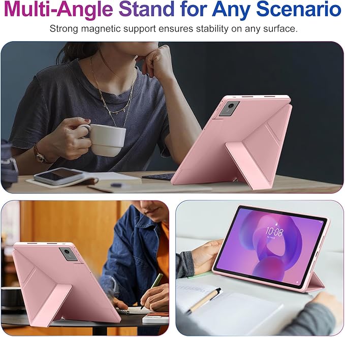 Case for Lenovo Idea Tab Plus 12.1 Inch – Multi-Angle Stand PU Leather Soft Cover with Hidden Pencil HolderSlim Lightweight Back Protective Folio Case ShockproofAnti-Scratch[Pink]