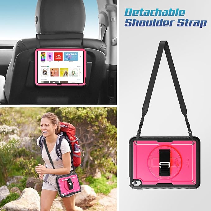 SEYMAC stock Case for iPad A16 11-inch Case 2025/ for iPad 11th/ 10th Generation 10.9'' 2022 Protective with Screen Protector Pen Holder Rotate Stand Loop Nylon Hand Strap Shoulder Strap Rose