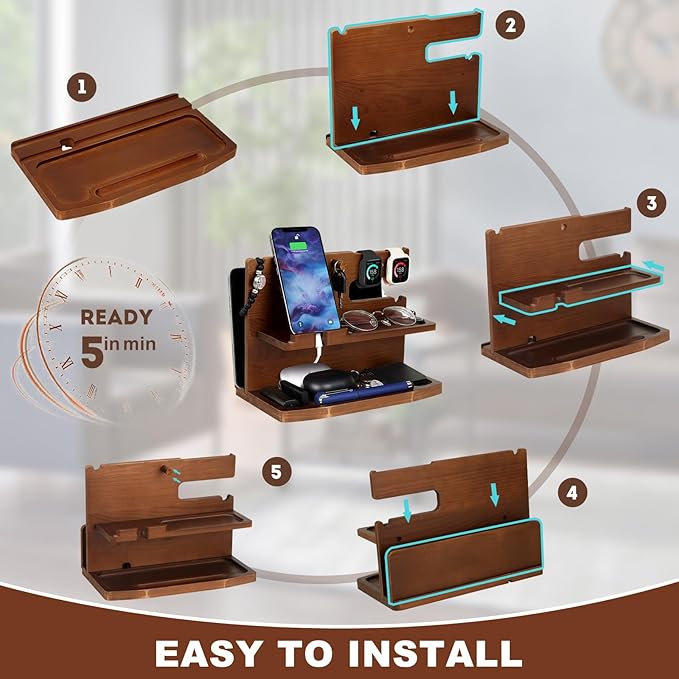 Gifts for Men Desk or Nightstand Organizer - Wood Phone Docking Station - Birthday Gifts for Husband Fathers Day for Dad - Anniversary Idea from Wife - Key Holder Stand Wallet Watch &amp Essential