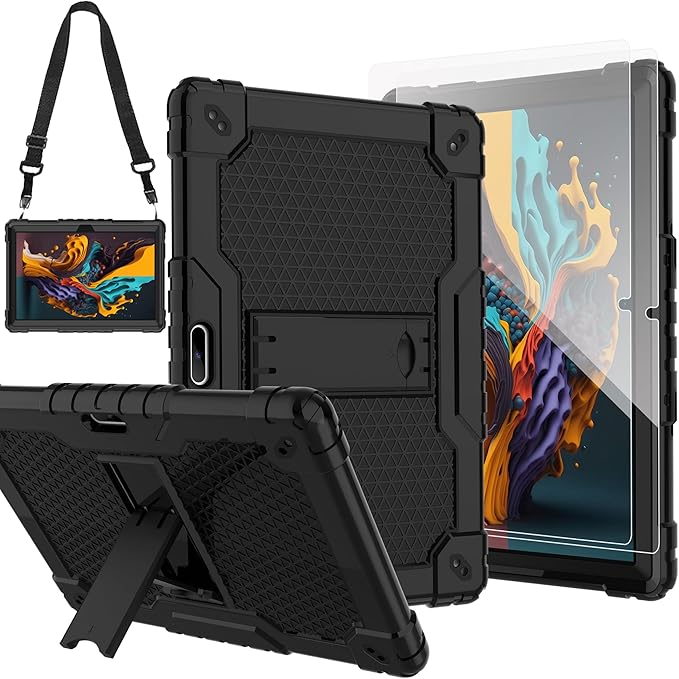 Case for Pritom M10 /quntiCO Y10 /Digiland DL1036 /Voger priorpad X100 /VUCATIMES N10/Gateway 10.1 HD Tab Case with Stand Rubber Hybrid Come with 9H Tempered Glass Film (Black/Black/2 PCS)