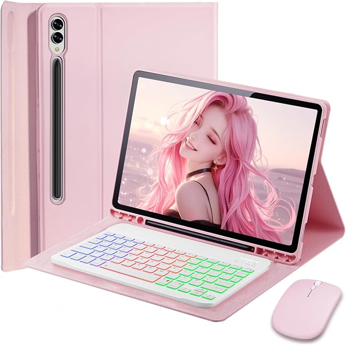 Case Keyboard for Samsung Galaxy Tab S10 Ultra / S9 Ultra / S8 Ultra 14.6 inch Cover - 7 Color Rainbow Change Backlit Detachable Magnetic Keyboard with S Pen Holder with Mouse - Pink