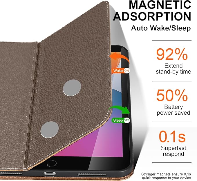 Genuine Cowhide Leather Case for iPad 10.2 inch 7th/8th/9th Gen (2019-2021) - Dual Angle Stand Auto Wake/Sleep Folio Cover with Magnetic Closure Gray Brown