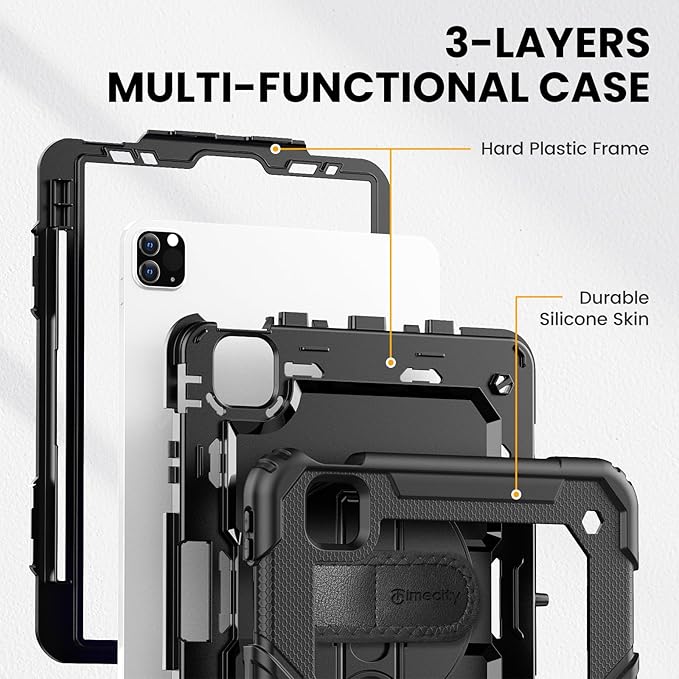 Timecity Case for iPad Pro 11 inch 1st 2nd 3rd 4th Generation 2018/2020/2021/2022 (NOT for 2024) Heavy Duty Rugged Protective Case with Screen ProtectorPencil HolderRotating Stand&ampHandle-Bla